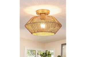 MRHYSWD Boho Deckenlampe Wohnzimmer Schlafzimmer Flur KüChe, 1-Flammige Rattan Deckenleuchte E27 Hängeleuchten & Pendelleuchten Bambus Kronleuchter Gold, Ohne GlüHbirne