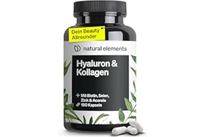 ‎NATURAL ELEMENTS natural elements Hyaluronsäure Kollagen Komplex - 180 Kapseln - Angereichert mit Biotin, Selen, Zink, Vitamin C aus Acerola & Bambusextrakt - Laborgeprüft