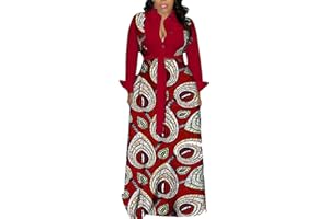 RICOCHO Women's African Long Shirt Dress V-Neck Kente Ankara Print Belted Maxi Dress Dashiki Traditional Dress
