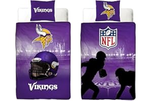 BERONAGE NFL Parure de lit Minnesota Vikings 135 x 200 cm + 80 x 80 cm 100 % coton renforcé de qualité avec fermeture éclair pour fan de football américain Super Bowl Viktor Viking Ragnar Housse réversible