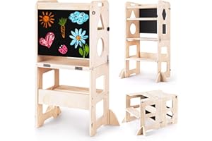 WOODURE 3 in 1 Lernturm für Kinder, Klappbare Tritthocker mit Tafel, Lernturm Für Kinder, für Küche Tisch Bad