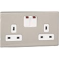 MK Aspect K24647LBSW 13A Double Switched Socket with Neon/Double Pole/Dual Earth Lacquered - Brushed Steel
