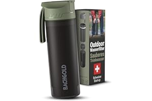 Bachgold® Botella de filtro de agua profesional para exterior, 650 ml, con capacidad de filtro de 1500 l, elimina el 99,99 % de todas las bacterias y filtra virus, partículas y metales pesados, verde