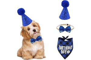 NITAIUN 3 Pezzi Cane Compleanno Bandana Cappello Papillon Set, Fascia Regolabile con pompon, Pet Feste di Compleanno Decorazioni Animali Domestici Regalo di Compleanno Cucciolo Gattino(Blu)