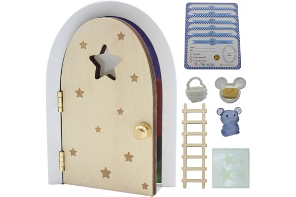 Qué Kawaii® MAGIQUE LA PETITE SOURIS. PORTE QUI S'OUVRE ET BRILLE DANS LE NOIR!!!Porte et escalier en bois à peindre et customiser+sac au crochet+Assiette+Fromage+étoiles+6 certificats (Naturelle)