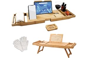 Trekis Spring Bath Tray – Extendable/Foldable Bamboo Bath Caddy Tray for Bathtub with Exfoliating Gloves, Non-Slip Pads with Built-in Holder for Glass Candle, iPad Tablet, Phone-Bathroom Accessories