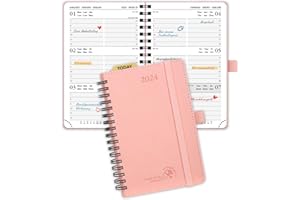 POPRUN Mały Kalendarz 2024 A6 Tygodniowy Książkowy 15.5 x 10,5 cm, Tygodniowy 2024 Planer, Samoprzylepny Uchwyt na Długopis, Cewki Miękka Okładka Ze Skóry Wegańskiej i Papier z Certyfikatem FSC® , Różowy