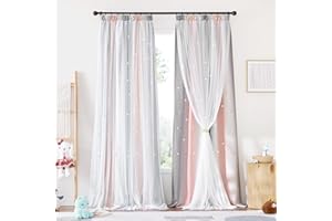 NICETOWN Cortinas Dobles con Estrellas Huecas Malla para Habitacion Cortinas Opacas con Fruncidas Cortinas Infantiles Niño Cortinas Opacas Termicas, 2 Piezas, 132x240 cm, Rosa-Gris