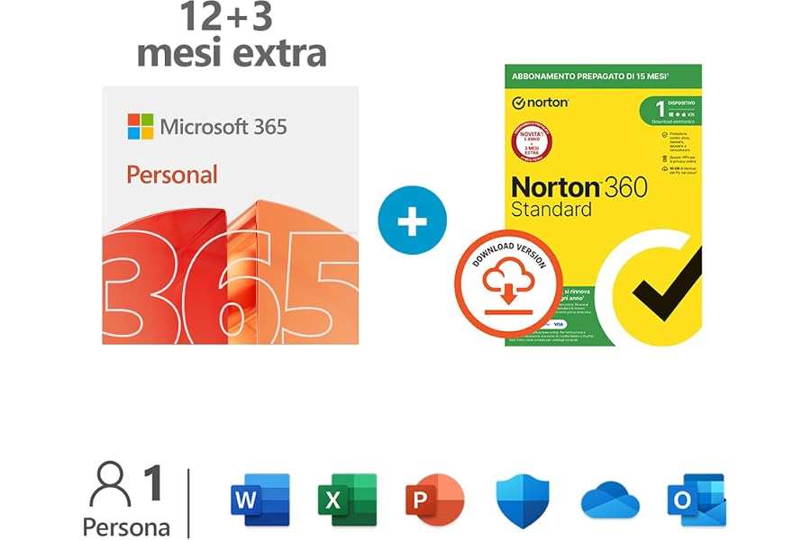 Microsoft 365 Personal | 1 persona| Per PC/Mac/tablet/cellulari Abbonamento di 12+3 mesi | codice via email + Norton 360 Stan