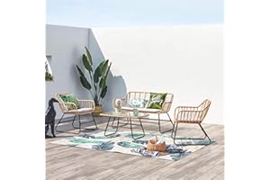 CONCEPT USINE | Salon de Jardin | Ensemble 4 Places Rotin Naturel : 2 Fauteuils + 1 Canapé + Table Rectangulaire Plateau Verre trempé + 3 Coussins | Parea Beige| Intérieur Extérieur | Résiste à l'eau