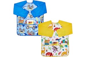 Lictin Camice da pittura per bambini, 2 pezzi, per bambini dai 3 agli 8 anni, grembiule da pittura con 3 tasche a maniche lunghe