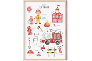 MeinBaby123® Images pour chambre d'enfant,DIN A2 Poster pompier,Camion de pompier, pompier,Décoration de chambre de bébé,Poster mural de qualité supérieure (pompier V1)