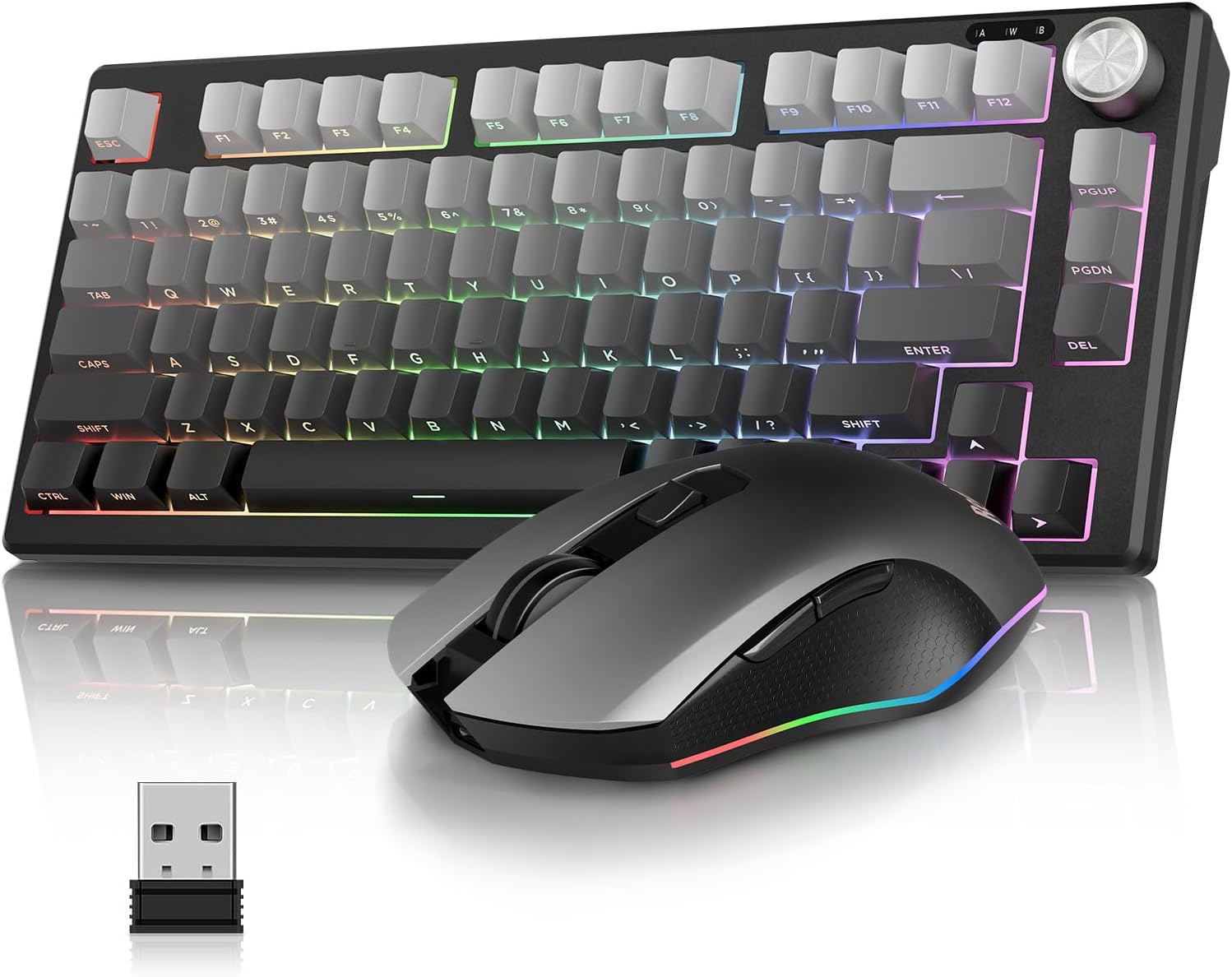 RedThunder K75 75% Wireless Membrane Keyboard and Mouse,3-Mode 2.4G/BT/USB-C,US Layout Side-Engraved,Volume Knob,TKL Ultra Compact Design,Optical Gaming Mouse with 4800DPI for PC Mac (Gradient Gray)