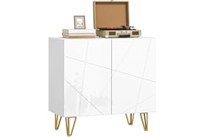 HOMCOM Storage Cabinet with High Gloss, Freestanding Sideboard with Adjustable Shelf, Soft-Close Doors and Gold Tone Hairpin Legs for Living Room, Dining Room, Hallway, White