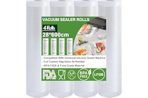 Omtofo Bolsas de envasado al vacío, 4 Rollos, 28 x 600cm/rollo, Bolsas de vacío para Alimentos, sin BPA, 190 µm, Rollo de lámina de vacío para Todas Las envasadoras al vacío, microondas y Sous