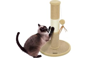 PawHut Cat Scratching Post for Indoor Cats, 47cm Tall Cat Scratcher with Jute Sisal Rope, Hessian fabric, Hanging Toy Ball, Feather, Kitty Climbing Tree with Anti-slip Base, Brown