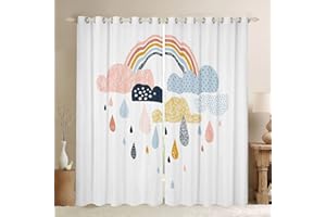 HOMEWISH Tende per finestre con motivo arcobaleno, per bambine e ragazze, stile kawaii, 167,6 x 182,9 cm, con simpatiche scarabocchi, nuvole, gocce di pioggia, trattamenti per finestre, stampa iridescente,