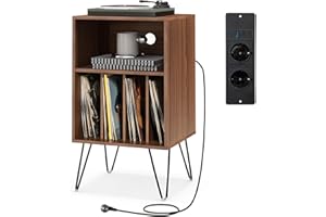 COSTWAY Meuble Tourne-Disque Vinyle avec Prise, Support Tourne-Disque pour Albums avec Station de Charge, 2 Prises, 1 USB,1 Type-C, Pieds en Métal, Table d’Appoint pour Salon Chambre (Noyer)