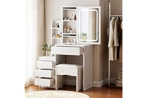 ZBAUK Dressing Table with LED Lighting Mirror, 3 Lighting Modes Adjustable Brightness,Vanity Table,Makeup Desk with 4 Drawers and 3 Storage Shelves, Modern White