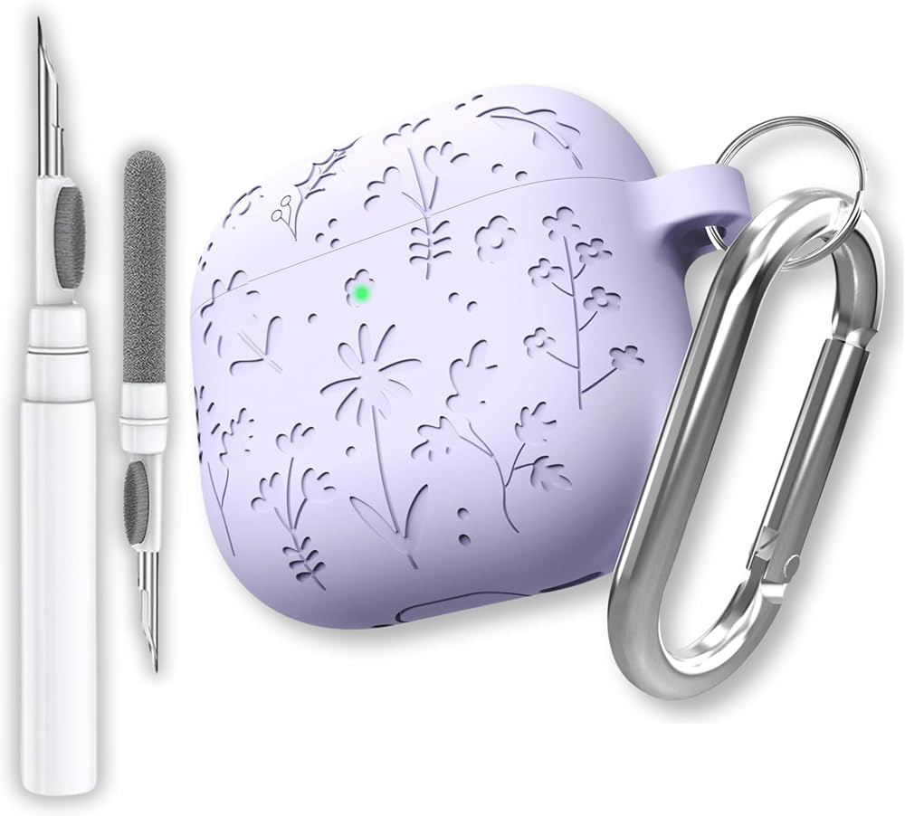 EWEC AirPods 4. Nesil ve AirPods 5. Nesil Uyumlu Çiçek İşlemeli Premium Silikon Kulaklık Kılıfı ve 3'ü 1 Arada Bluetooth Kulaklık Temizleme Kalemi Seti (Lila)