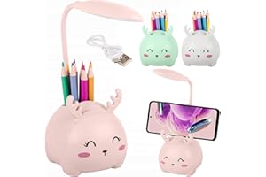 THINGS-4YOU Lampara Escritorio Led Intantil Con Portalápices, Lampara Escritorio Niño, Lampara Escritorio Niña, Lampara De Mesa led, Lamparas De Mesa Infantiles Reno, Flexo Led Escritorio Infantil USB (Rosa)