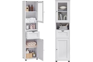 VASAGLE Meuble Salle de Bain, Colonne, Rangement avec Étagères Réglables, Placards à Porte, Tiroir, Compartiment, Gain de Place, Blanc Érable BBK163T44