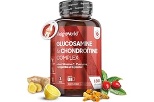 Glucosamine et Chondroïtine Complex 1200mg avec Vitamine C, 180 Gélules Sans Gluten, 3 Mois d'Approvisionnement - Complément Alimentaire avec Curcuma, Gingembre et Églantier, Sans Lactose