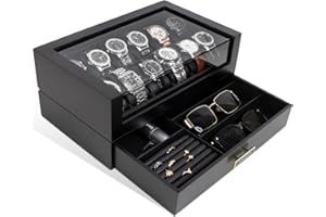 KAMIER 12 przegródek, pudełko na zegarki, organizer dla mężczyzn, dwupoziomowy drewniany organizer na zegarki dla mężczyzn z uchwytem na zegarek i szufladą, czarny