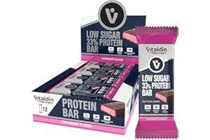 VITALDIN SPORT Low Sugar 33% Protein Bar Fragola – Barrette Proteiche Senza Zucchero – 12u x 45g – Barrette Energetiche Pesoforma – Proteine Vegane – Contribuisce alla crescita dei tuoi muscoli.