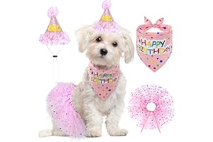 SCENEREAL Dog Birthday Bandana with Hat and Dress Girl Set, Puppy Birthday Party Supplies, Cute Pink Tutu Skirt Outfit for Small Medium Large Dogs