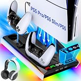 PS5/Slim/Pro Stand, Otomatik Ayarlanabilir 3 Seviyeli Soğutma Fanı, 9 RGB Işıklı PS5 Soğutma İstasyonu ve &Ccedil;ift Şarj Cihazı, T