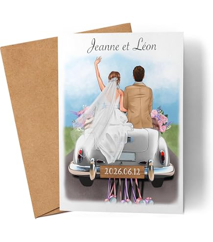Carte De Mariage Perso Avec Vos Noms - Voiture Vintage Et élégante Pour Souhaiter Plein De Bonheur