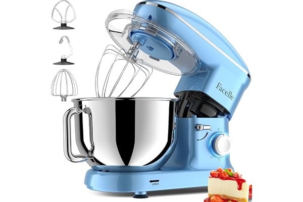 Robot Pâtissier 1500W Facelle Petit électroménager 6,2L,avec Crochet Pétrisseur,Batteur,Fouet à Fil,protection contre les éclaboussures,pour la cuisson,les gâteaux(Bleu)