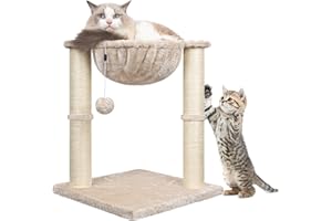 HOMIDEC Cat Scratching Post, 50cm Cat Tree with Cat Hammock Bed, Scratching Posts for Indoor Cats with Hanging Ball Toy, Small Cat Tree for Kitten Pets Playing and Relaxing, Beige