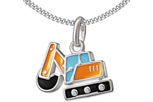 CLEVER SCHMUCK Bagger Kinderhalskette kleiner Schaufelbagger 14 x 8 mm gelb blau lackiert Kette Panzer 40 cm 925 Sterling Silber im Schmucketui creme