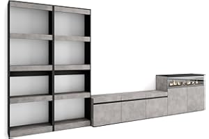 Skraut Home | Muebles de Salón para TV | Conjunto de Muebles Comedor | 370x186x35cm | para TV hasta 65" | Chimenea eléctrica | Estilo Moderno | Cemento
