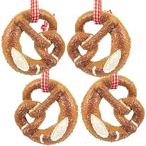 Lot De 4 Bretzels Décoratifs Bavarois - Imitation Polyrésine Avec Ruban Bleu/blanc - 7,5 X 7 Cm - Décoration Fête Bière