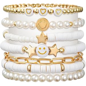 Shining Diva Fashion 7Pcs Combo Latest Stylish Beach Surfer Bracelets Set | Colorful Preppy Heishi Bracelet | Multilayer Boho Happy Smile Heart Star Stretch Beaded Bracelets | Evil Eye Stackable Beaded Bracelets | Y2K Pearl Bracelets Set for Women Girls T