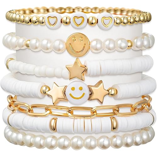 Shining Diva Fashion 7Pcs Combo Latest Stylish Beach Surfer Bracelets Set | Colorful Preppy Heishi Bracelet | Multilayer Boho Happy Smile Heart Star Stretch Beaded Bracelets | Evil Eye Stackable Beaded Bracelets | Y2K Pearl Bracelets Set for Women Girls T