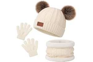 AWAVM 3 en 1 Ensemble Bonnet-Echarpe-Gants Enfant Hiver,Bonnet Enfant Hiver avec Pompon,Tricoté Tour de Chaud Gants,Ensemble d’Hiver pour Fille et Garçon 2-6Ans