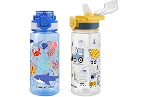 wooshwa Gourde Enfant avec Paille 600ml Anti Fuite sans BPA, Verrouillage Sécurisé, 2 Pièces Bouteille d'eau pour Fille Garçon Enfants L'école Sport Voyage - Pelle Mécanique & Créatures Marines