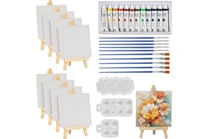 RVLZKCPG 44 Pcs Mini Canvas and Easel, Small Canvas Painting Set Includes 4x4 Inches Canvases, Paint Brushes, Paint Palette and Acrylfarben, Wooden Mini Easels with Art Canvases for Kids and Artists Art Party