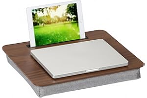 ‎RELAXDAYS Relaxdays Taca na laptopa z poduszką, na notebooki do 43.2 cm, biurko na tablet z uchwytem na telefon komórkowy, 40% płyta pilśniowa, brązowa, szara, 5,5 x 46 x 35 cm