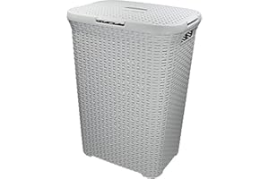 Curver Panier à linge 60 l - 45 x 34 x 62 cm - Panière à linge / corbeille à linge rectangulaire imitation rotin - Gris clair