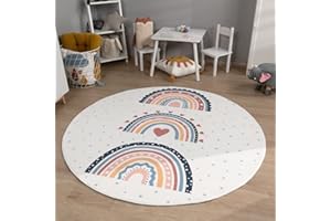 TT Home Kinderzimmerteppich Teppich Junge Mädchen Kinderteppich Baby Herzen Pastell, Farbe:Rosa Beige Gelb, Größe:120 cm Rund