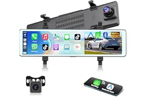 Podofo HD Rétroviseur Dashcam Caméra de Recul avec CarPlay sans Fil Android Auto,11,26 Pouces HD 1080P IPS Écran Tactile Double Caméra de Tableau,2 écrans D'affichage,Bluetooth,Vision Nocturne