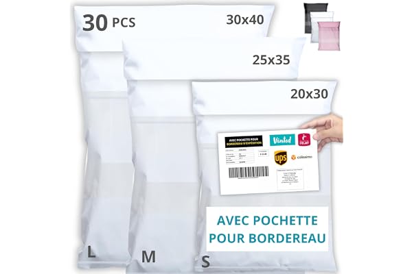 EMBALLAX - 30 Pochettes d’Envoie Colis Vinted avec Pochette pour Bordereau - Taille S/M/L - Résistante, Opaque, Imperméable - Enveloppe Plastique Expédition - Emballage Envoie Vetement, Boite, Sac