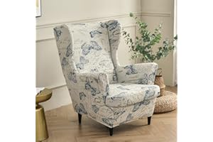 Highdi Funda de Sillón Orejero Elástica 2-Piezas, Moderno Estampado Funda de Sofá Relax con Funda de Cojín, Fundas Protector de Butaca para Dormitorio, Recepción, Club (Mariposa Beige)