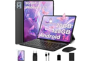 ‎DEERTIME DEERTiME 2025 Neueste Android 14 Tablet 10 Zoll, 20GB RAM+128GB ROM/TF 1TB, WLAN 6, 5G+2.4G WLAN,8-Core 1.8 GHz,WideVine L1,1280 * 800,6000mAh,5MP+8MP,BT5.0,GMS Tablet Mit Tastatur und Maus - Schwarz