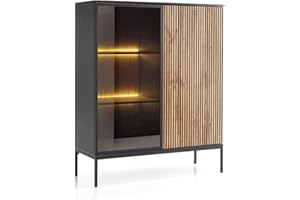 Emporius Haller Vitrinenschrank 100 cm, Glasvitrine Stehend - Highboard, Vitrine, Glasvitrine Schwarz mit LED und Lamellen - 126 cm hoch